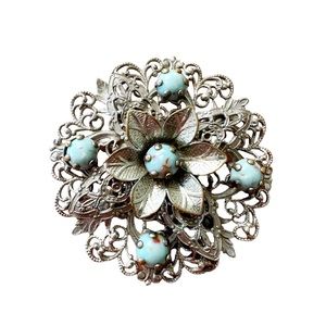 Vintage Silver Tone Filigree Faux Turquoise Stone Large Brooch